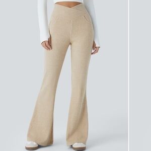 Ribbed Knit Crossover High Waisted Pocket Casual Flare Pants